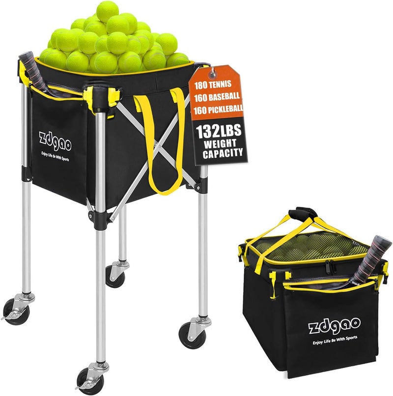 LOMGWAYS Pickleball Tennis Ball Hopper-Foldable Lightweight Tennis Cart Holds 180 Tennis/160 Pickleballs with Removable Bag,Wheels,Side Pocket for Training/Teaching, for Tennis/Pickleball/Baseball/Softball - Image 1